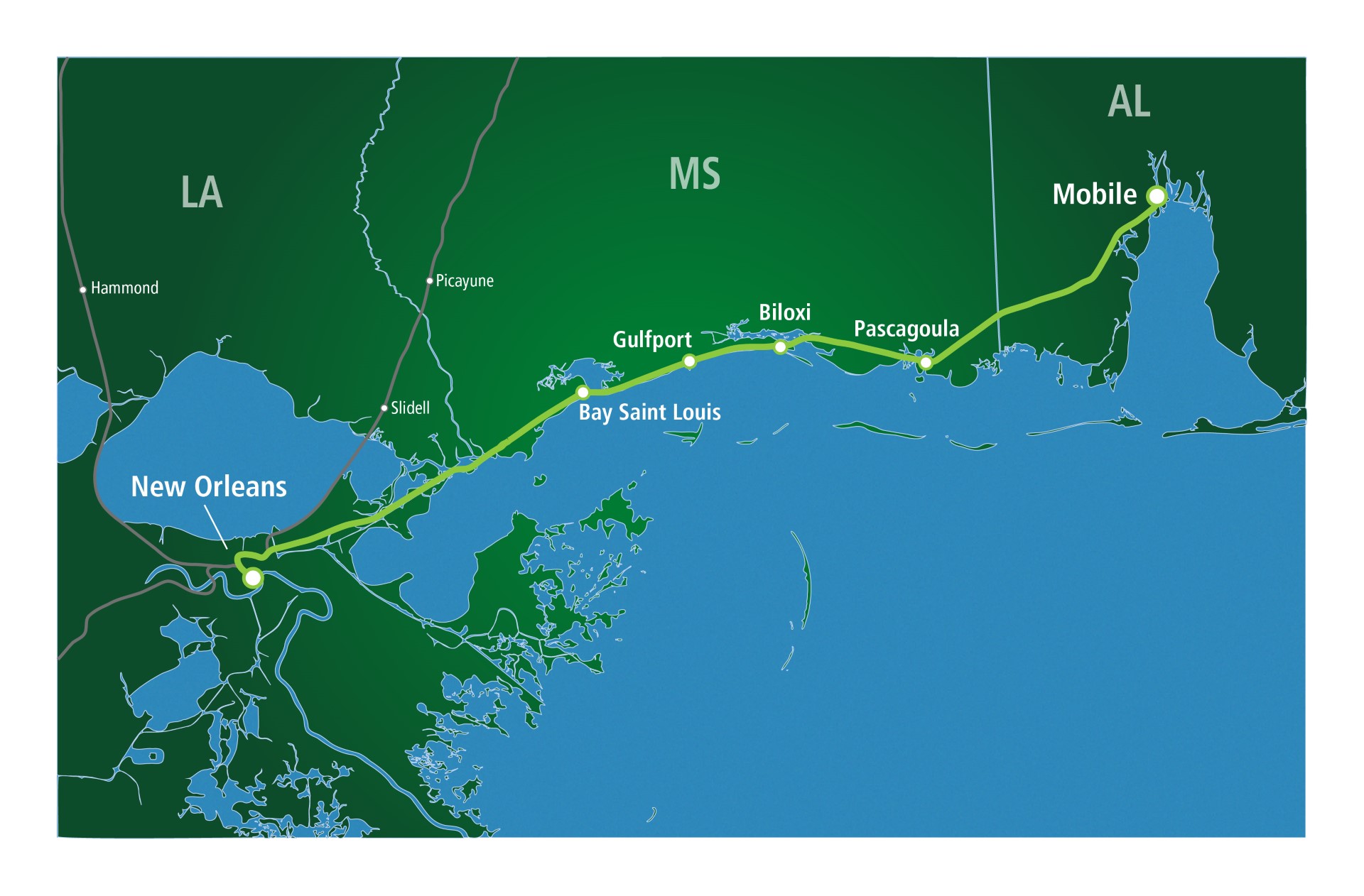 Neue Amtrak-Verbindung von New Orleans nach Mobile — Foto: Alabama Tourismus & Visit Mississippi